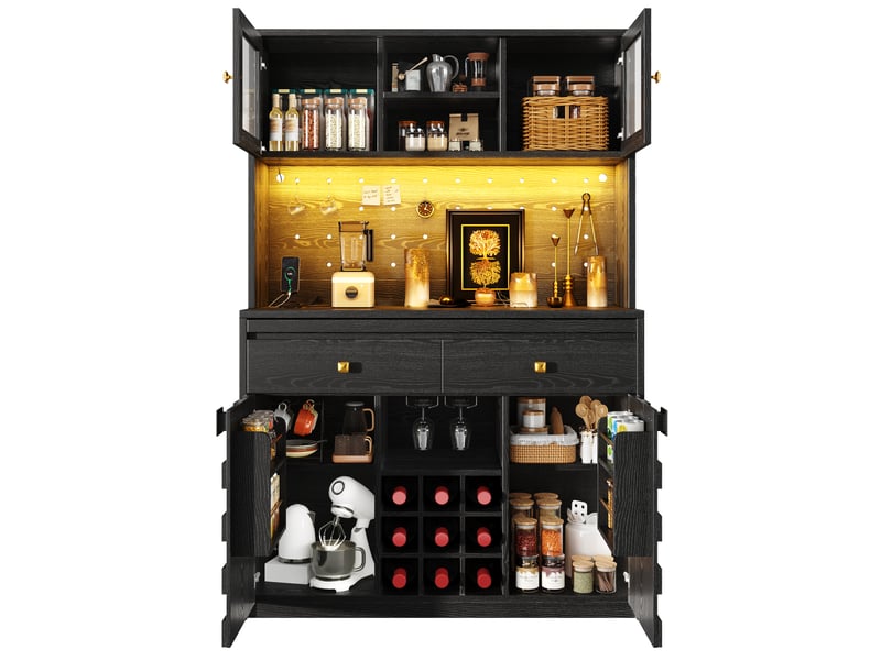  Buffet cuisine 4 portes, 120 x 40 x 178 cm, éclairage led et 2 tiroir, prises et ports usb, panneau perforé et range-bouteilles, mdf, noir Morn Vibe - Conforama A