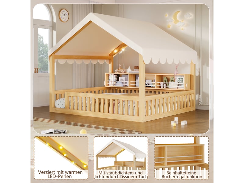  Lit cabane enfant 140 × 200 cm 2 places avec led, étagère et barrière, sans matelas, en bois, naturel  - Conforama E