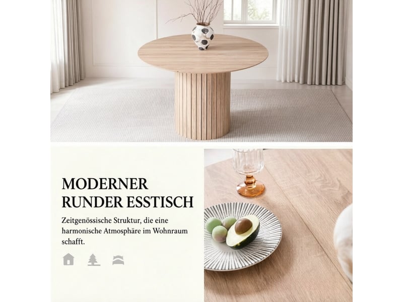 Table de salle à manger ronde pour 4 à 6 personnes avec piètement cylindrique en bois clair, 120 × 120 × 76 cm - Conforama E