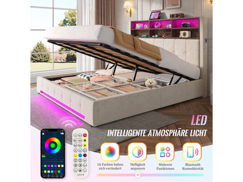 Lit coffre 180x200 cm, lit double, rangement hydraulique, led, usb et usb-c, velours beige - Conforama D