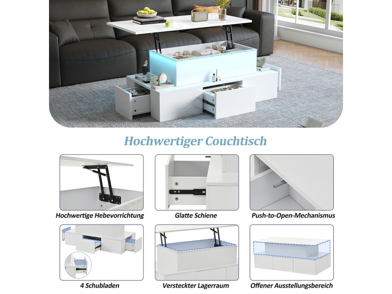  Table basse relevable 100x50x40 cm avec 4 tiroirs et rangement caché, finition brillante, led contrôlable par app, mdf blanc  - Conforama W