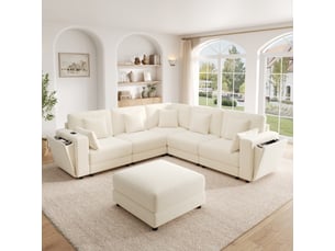 Canapé d'angle modulable 6 places 215x215x82 cm en lu avec usbusb-c, porte-gobelets, rangements intégrés, 7 coussins, chenille - beige