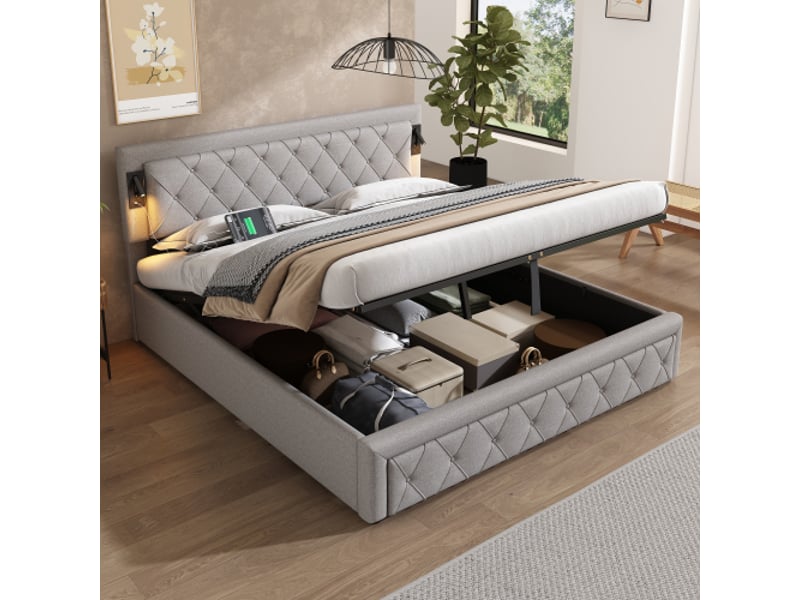 Lit capitonné 180x200 cm led et usb, sommier bois, tête de lit à losanges, coffre de rangement hydraulique, lin gris - Conforama D