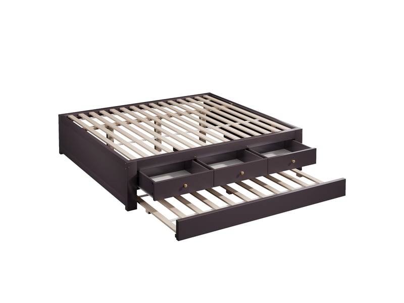  Lit double 140x200 cm avec 3 tiroirs et lit d'appoint coulissant brun café, sans de tête de lit ni de matelas  - Conforama D