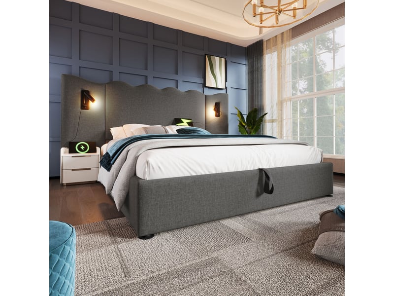  Lit double 160 x 200 cm gris en lin avec rangement, lampes de lecture, charge usbtype-c et matelas  - Conforama C