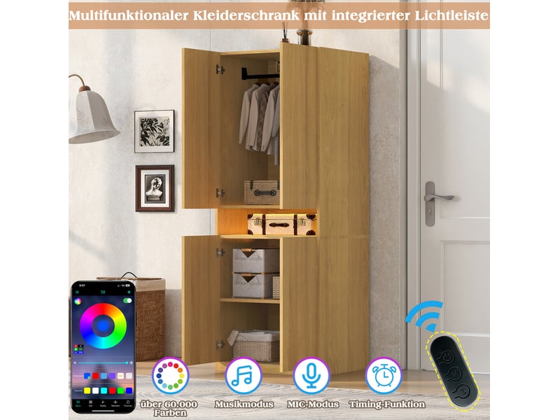  Armoire penderie 70x55x180 cm, 4 portes, niche centrale led, grande capacité, métal+contreplaqué+mdf, finition bois  - Conforama E