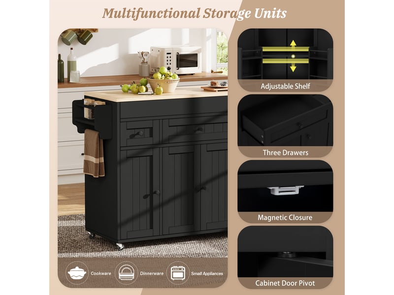  Desserte de cuisine 3 tiroirs, plateau extensible et roulettes en mdf 137–190,6×45,2×92 cm noir naturel  - Conforama C