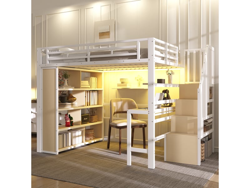  Lit mezzanine 140 x 200 cm sans matelas, structure métal, bureau, rangement, led, escalier avec coffre, blanc  - Conforama E