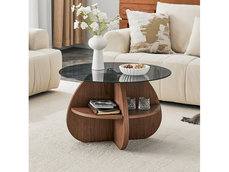  Table basse ronde 74,90x74,90x48,00 cm en verre gris et mdf effet bois foncé  - Conforama B