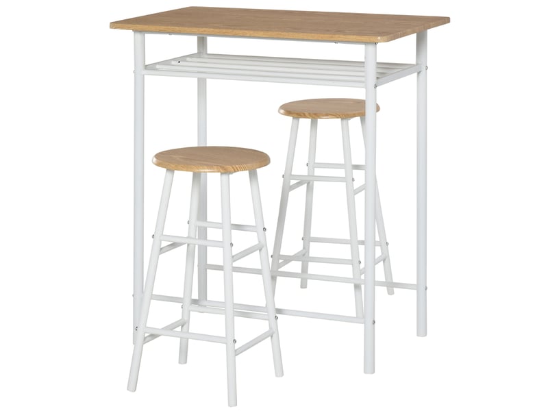  Ensemble table et chaises de bar avec 1 table et 2 tabourets  - étagère de rangement - mdf et acier - blanc  - Conforama A