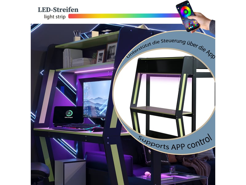 Lit mezzanine gaming 120x200 cm noir et vert avec bureau, rangement et led - Conforama E
