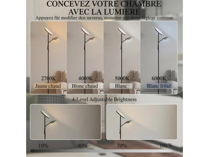  Lampadaire led 42w ø25 x 175 cm noir en métal et pc, variateur 2700k-6500k, télécommande et commande tactile  - Conforama B