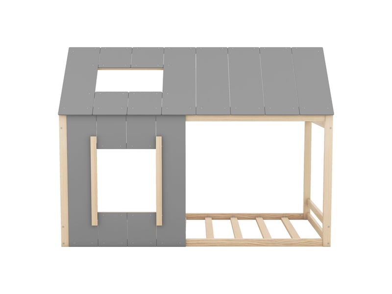  Lit enfant 90 x 200cm en forme de maison, lit cabane plat en forme de maison avec toit et fenêtre, gris foncé + gris clair  - Conforama R