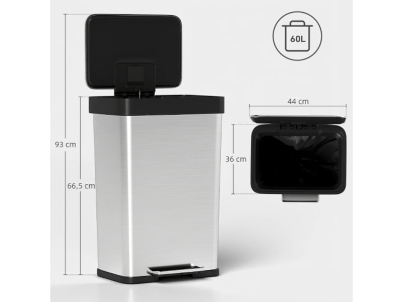 Poubelle à pédale 60 l en inox, couvercle à fermeture douce, argentée - Conforama C