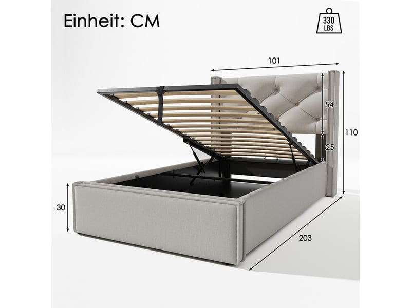  Lit capitonné,90x200 cm,avec coffre et matelas,coton,gris clair  - Conforama C