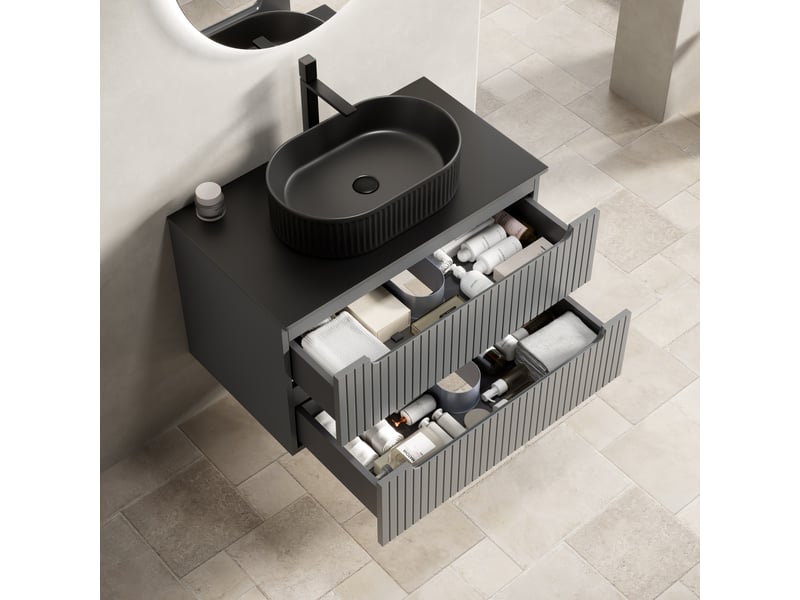  Meuble vasque suspendu à 2 tiroirs à fermeture douce - lpospi - rangement mural céramique pierre frittée noir gris foncé  - Conforama B