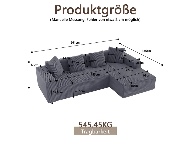  Canapé modulable 261x146x65 cm avec méridienne coloris gris  - Conforama D