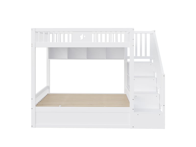  Lit mezzanine en bois blanc 140x200 cm, rangement hydraulique, escalier et étagères  - Conforama A