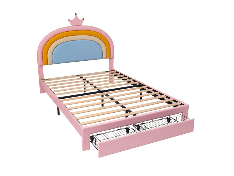 Lit enfant rembourré 140x200 cm avec tiroir et tête de lit réglable, rose, sans matelas  - Conforama E