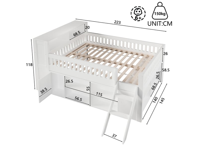  Lit mezzanine modenvie 140 x 200 cm avec rangement et led blanc en mdf et pin  - Conforama C