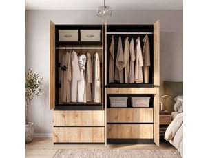Armoire 6 portes modenvie 180 x 50 x 200 cm avec 5 tiroirs et 2 penderies chêne artisan et blanc