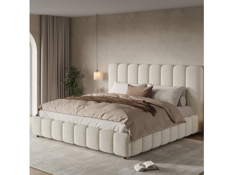 Lit double 180x200 cm en tissu bouclé blanc avec sommier à lattes  - Conforama B
