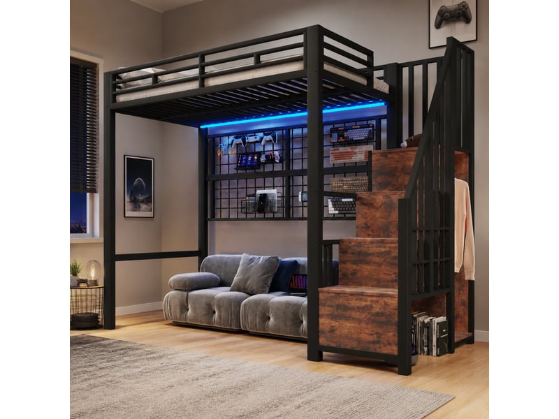  Lit mezzanine 90x200 cm avec échelle armoire, éclairage led 7 couleurs en métal noir  - Conforama D
