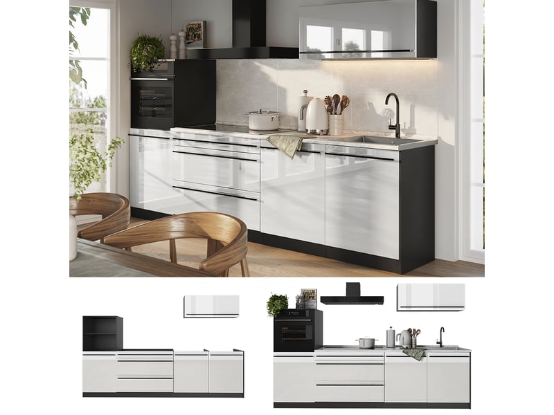  Vicco cuisine, blanc haute brillanceanthracite, 280cm plan de travail anthracite  - Conforama D