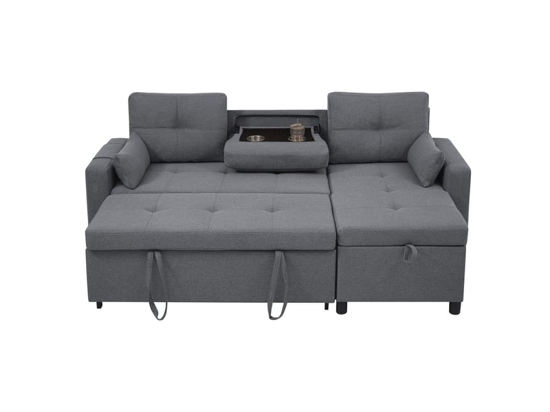  Canapé d'angle en forme de l convertible, doté d'un espace de rangement intégré et d'un porte-gobelet rabattable ; adapté aux salons et aux espaces similaires-gris  - Conforama A
