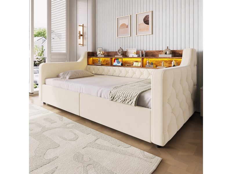  Lit jeune, 90x190 cm, doté d’un espace de rangement, led, usb et type c, 2 tiroirs pratiques, velours, coloris beige  - Conforama D