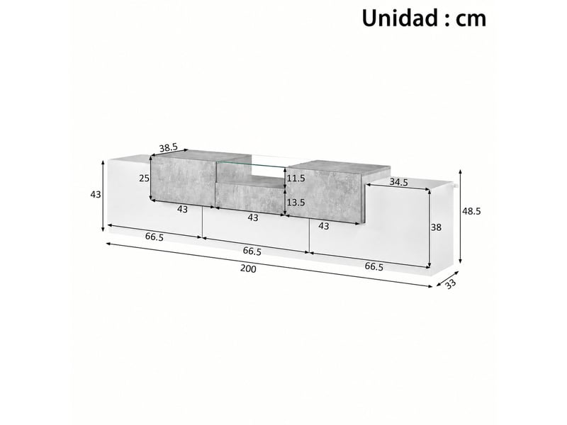  Meuble tv avec 4 portes, 1 tiroir, niche vitrée et abattant, passe-câbles pour salon en mdf blanc brillant moderne 200×33×48,5 cm  - Conforama E