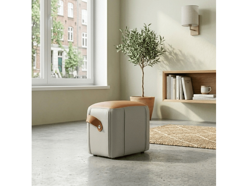  Pouf ottoman 31,5 x 24 x 29 cm – gris et orange – assise rembourrée, poignée en simili cuir pu  - Conforama E