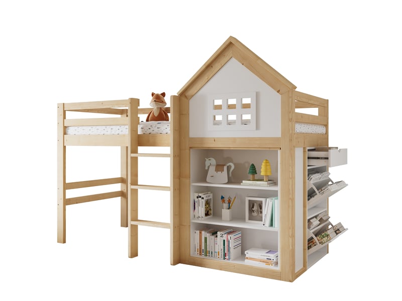  Lit mezzanine enfant 90x200 cm – blanc et naturel – design maison, 3 tiroirs, marches sécurisées et barrières  - Conforama A