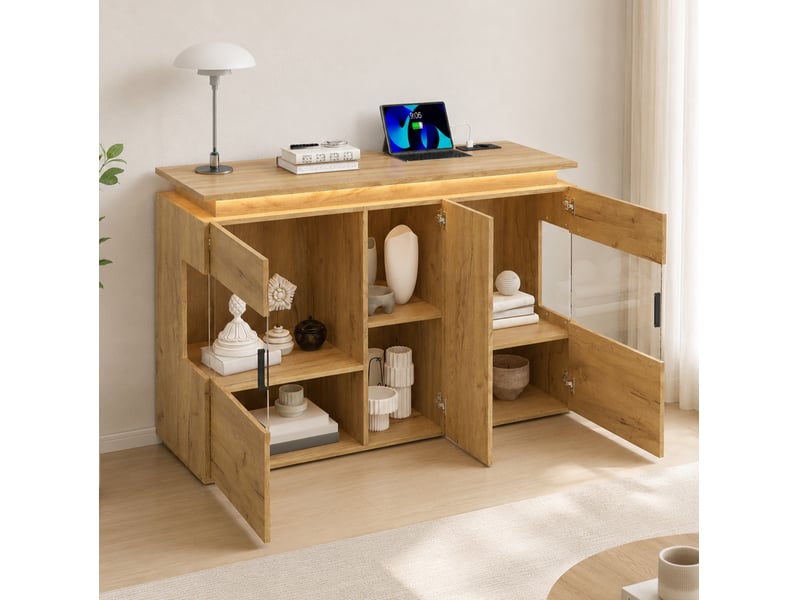  Buffet bas led avec prise et ports usb 120 cm chêne clair evryae  - Conforama B