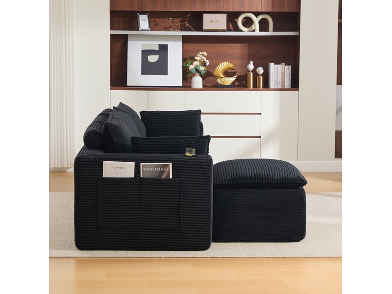  Canapé modulable 3 places modenvie avec pouf, coussins, porte-gobelets et 2 poches latérales, velours côtelé noir  - Conforama E