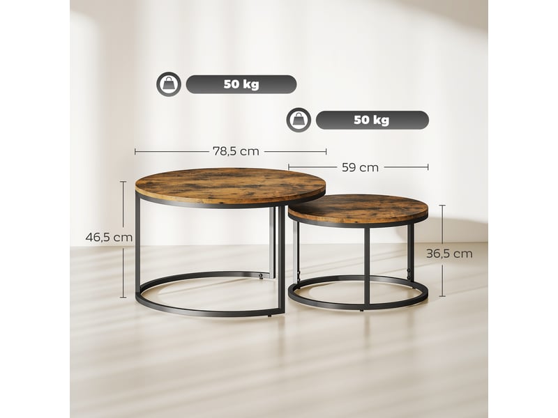  Lot de 2 tables basses gigognes empilable design industriel plateau imitation ciment pieds en métal rustique brun  - Conforama C