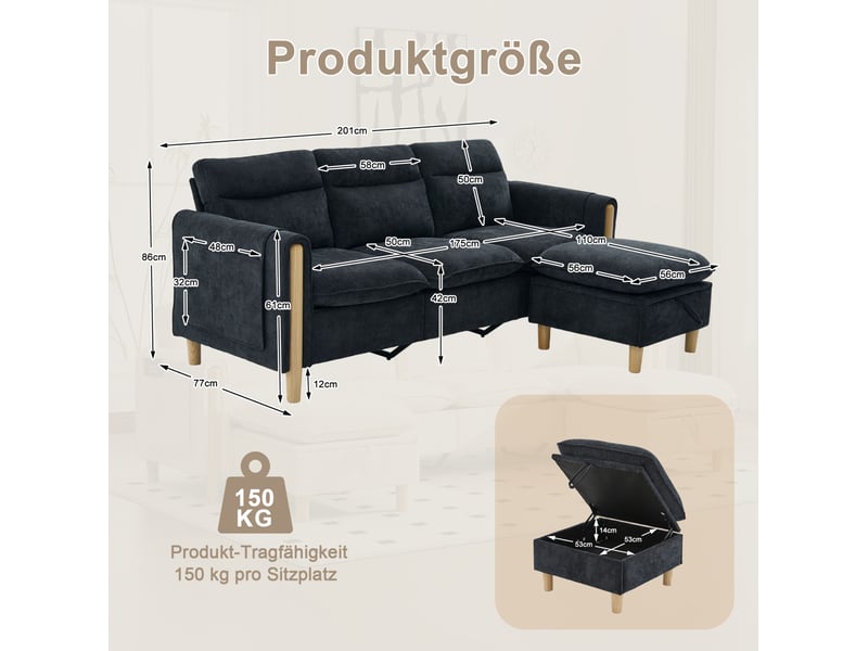 Canapé droit 3 pl 201x77x86 cm poches latérales et pieds en bois, coffre intégré, tissu chenille noir, pour le salon  - Conforama C
