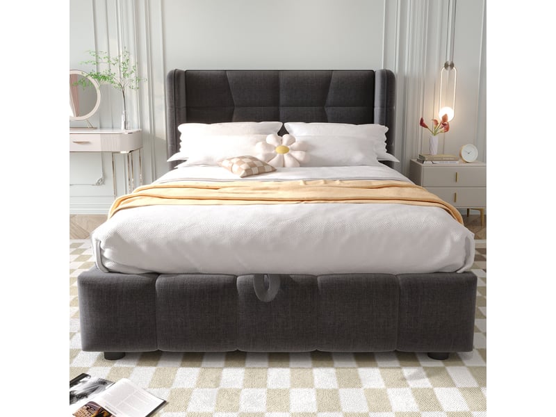 Lit coffre 90 x 200 cm avec rangement pneumatique, tête de lit capitonnée, sommier à lattes, lin gris - Conforama B