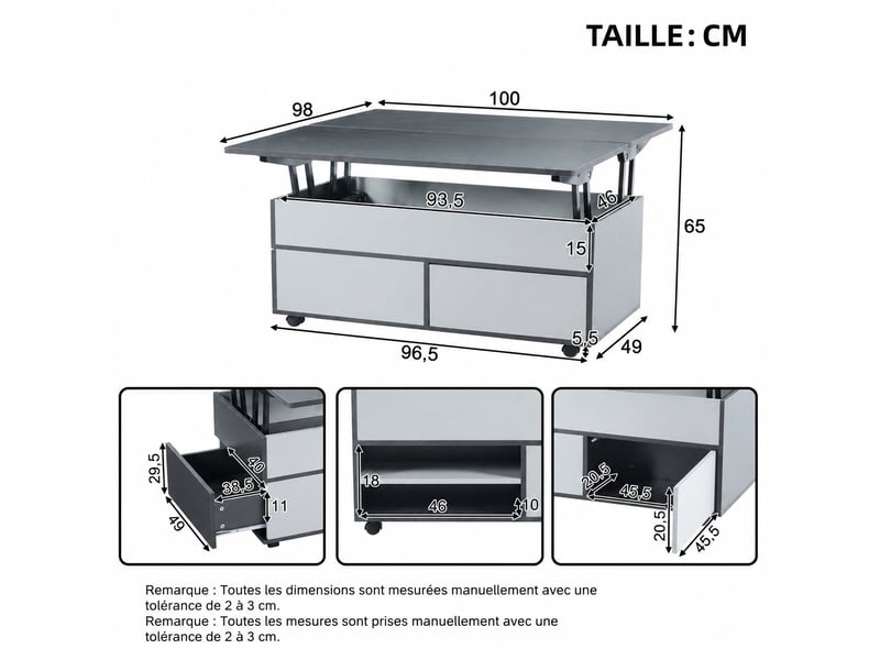  Table basse relevable hydraulique avec rangement, tiroir et roulettes 100 x 98 x 65 cm, gris et blanc  - Conforama B