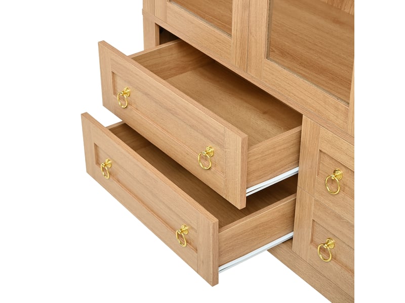  Buffet de rangement avec 3 portes vitrées, 4 tiroirs et niche ouverte en arche, naturel  - Conforama E