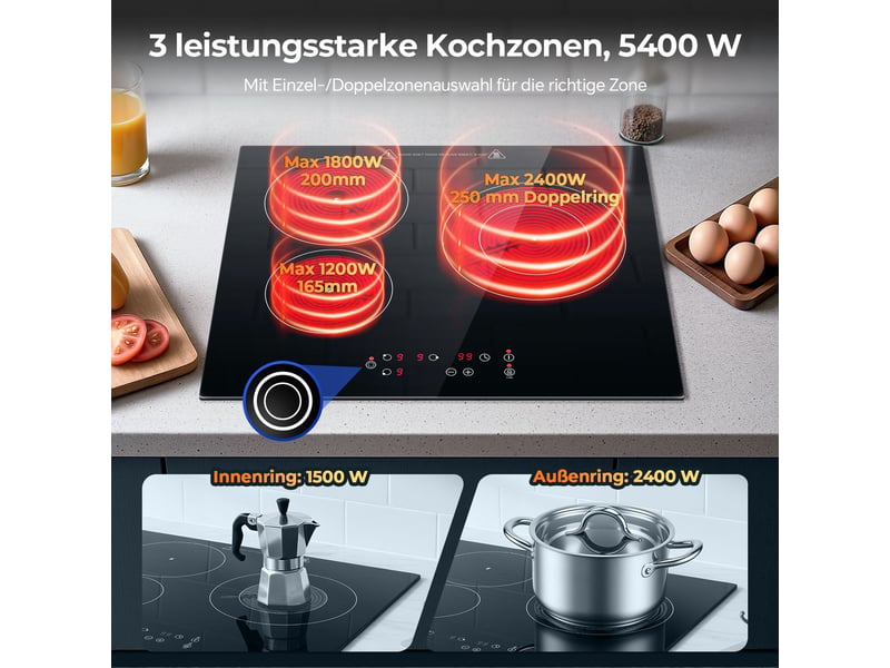 Plaque de cuisson vitrocéramique 3 foyers, table électrique encastrable 60 cm, 5400 w, commande tactile et minuterie - Conforama D