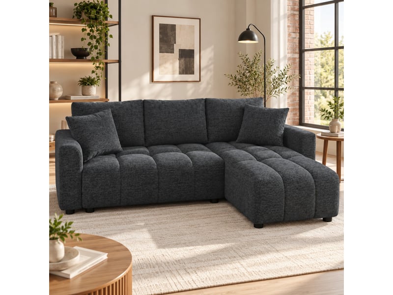  Canapé d’angle modulable, 3 places, avec 2 coussins et coffre de rangement girs en chenille  - Conforama D