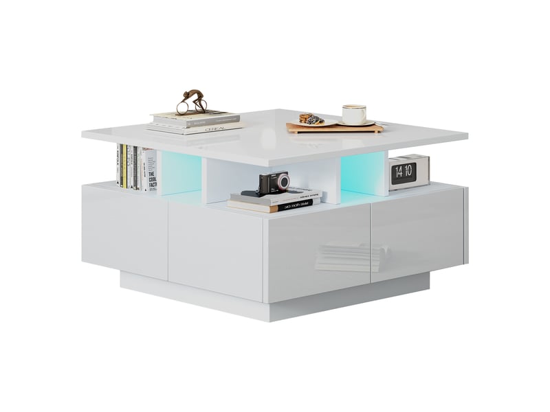  Table basse carrée blanche avec led 4 tiroirs 70x70x40 cm - finition haute brillance  - Conforama R