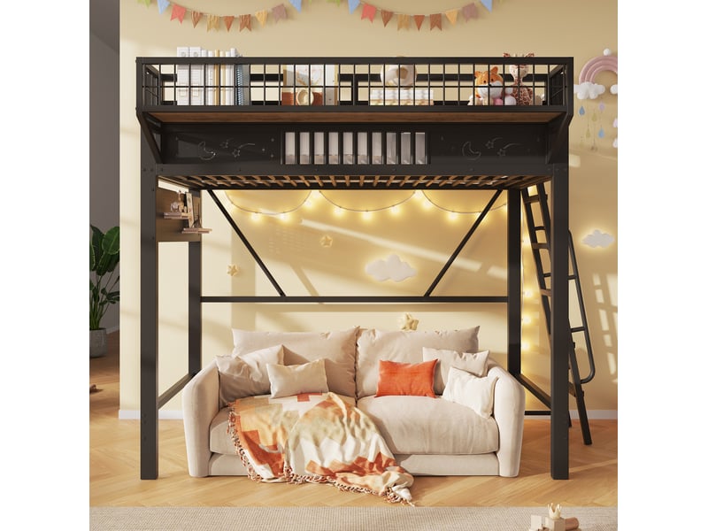  Lit mezzanine 90 × 200 cm en métal avec rangements et espace ouvert, échelle réversible, pour chambre, noir  - Conforama D
