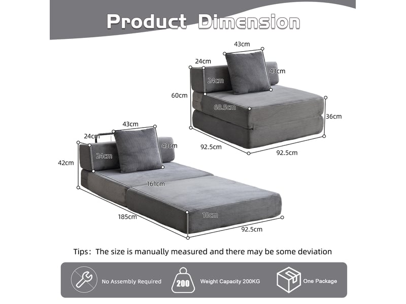  Canapé convertible au sol 1 place pliable avec coussin et accoudoirs en velours côtelé gris foncé  - Conforama C