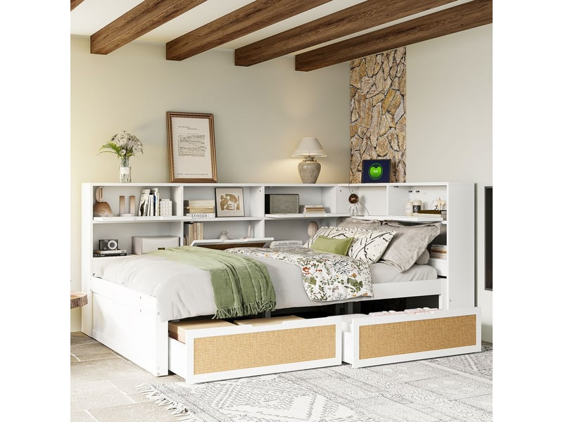  Lit avec tiroirs 140 x 200 cm bois massif blanc multifonctionnel compartiments de rangement port de charge  - Conforama A