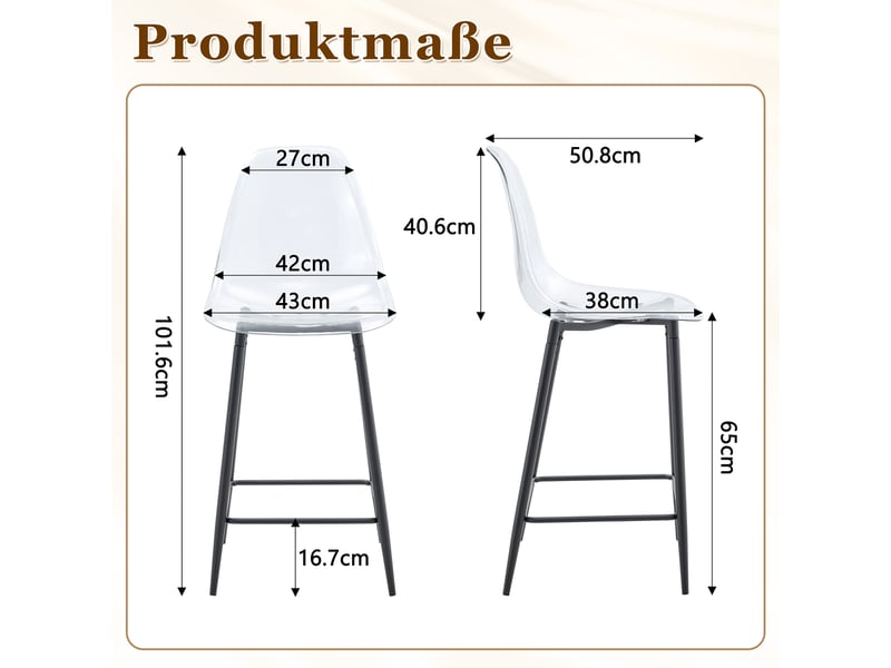  Tabouret de bar transparent avec repose-pieds et structure métallique, design moderne en plastique noir  - Conforama E