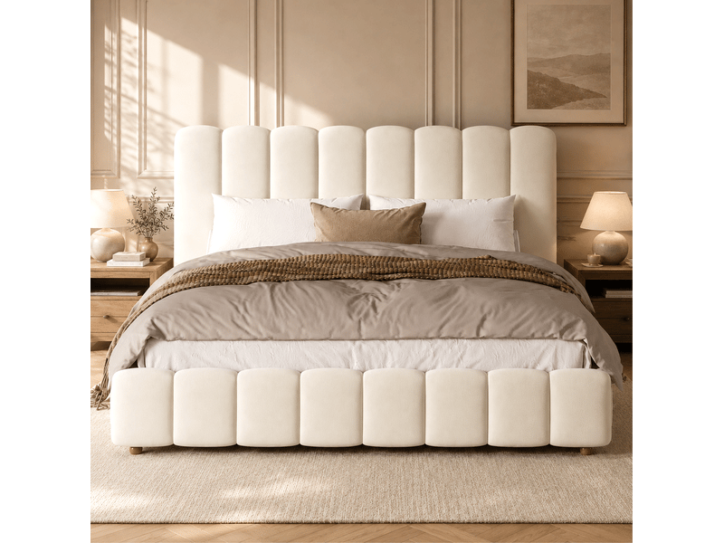 Lit double 180 × 200 cm avec coffre hydraulique, sommier à lattes, tête de lit en velours beige pour chambre classique - Conforama D