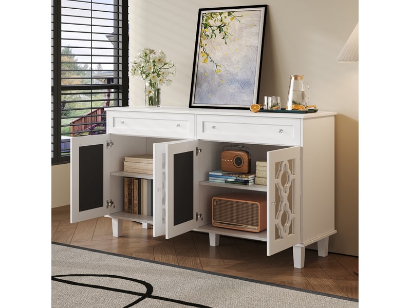  Buffet blanc à 4 portes miroir, 2 tiroirs et étagère réglable  - Conforama B