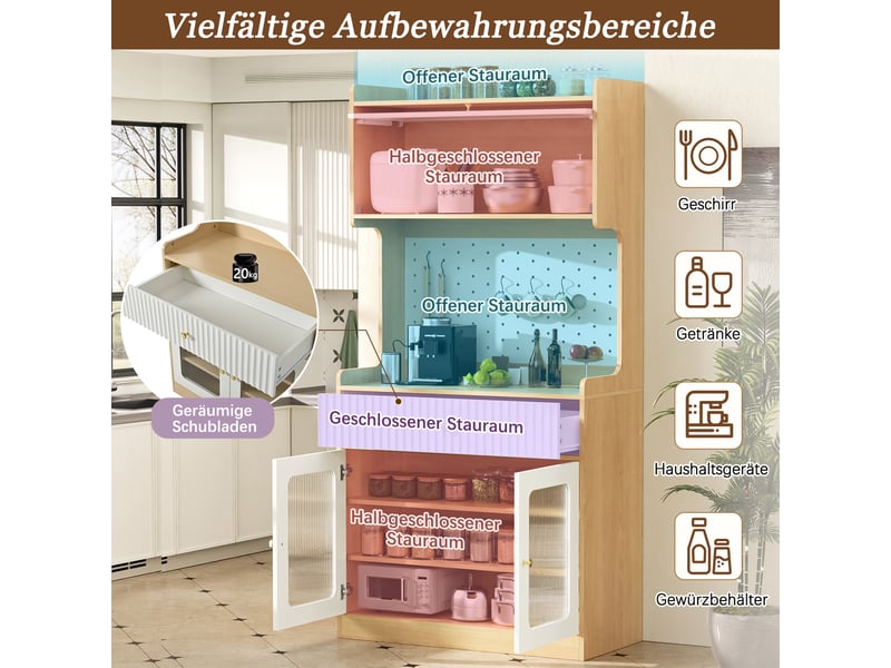  Buffet cuisine 3 portes vitrées et 1 tiroir, 80 x 40 x 180 cm, éclairage led, panneau perforé et étagères réglables, mdf, couleur bois Morn Vibe - Conforama E